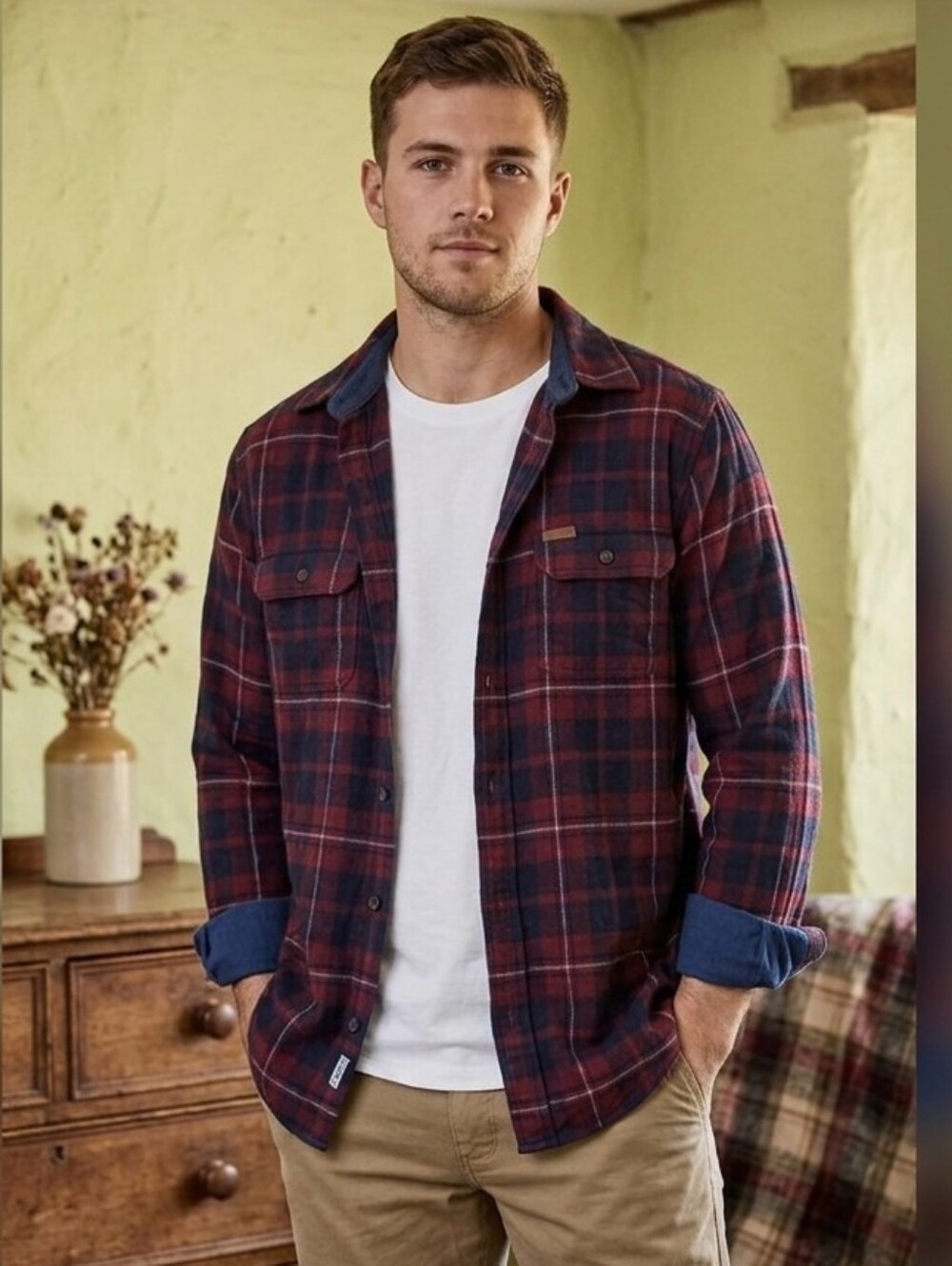 New ORVIS Thick Burgundy + Blue Premium Plaid Flannel Over Shirt